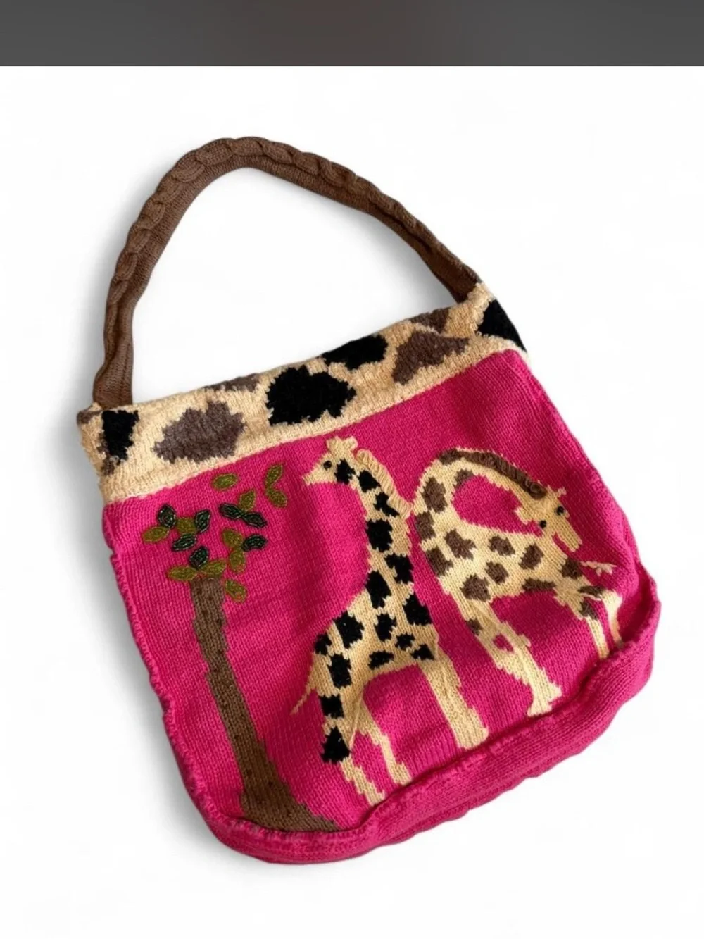 Hand-Knit Pink Giraffe Tote Bag